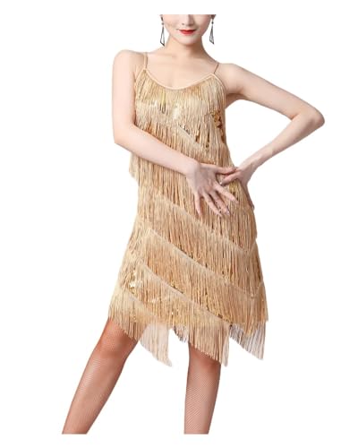 DENGFEN Damen Pailletten Fransen Flapper Lateinisches Tanzkleid Sexy 1920er Ballsaal Salsa Tango Cha Cha Rumba Samba Kleid Tanzkleidung(A-Gold,XL) von DENGFEN