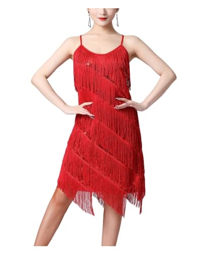 DENGFEN Damen Pailletten Fransen Flapper Lateinisches Tanzkleid Sexy 1920er Ballsaal Salsa Tango Cha Cha Rumba Samba Kleid Tanzkleidung(A-Red,3XL) von DENGFEN