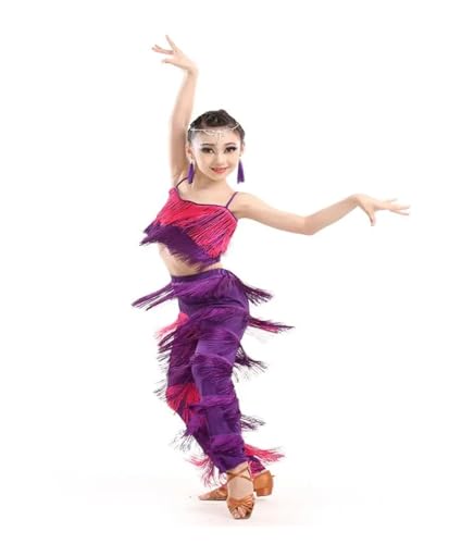 DENGFEN Samba Quaste Latin Dancewear Kostüme Mädchen Salsa Ballsaal Fransenbesatz Tanz Tops Hosen Kostüm Erwachsene Gesellschaftstanzkleid(Colour 5,Kids 100cm) von DENGFEN