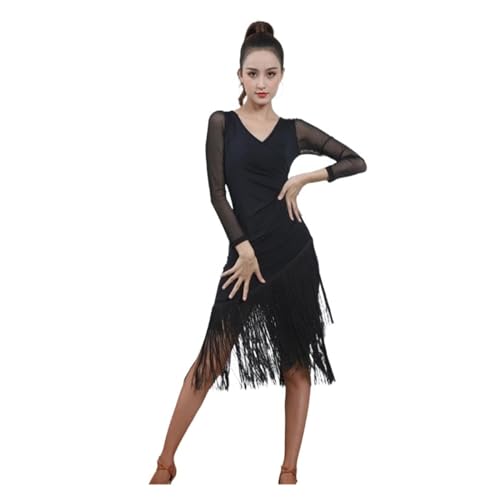 DENGFEN Schwarzes Latin Dance Dress Kurzärmliges Latin Dance Quaste einteiliges Kleid for Frauen weibliche Ballroom Tango Cha Cha Rumba Kostüme(Long Sleeve Black,XL) von DENGFEN