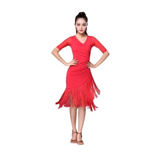 DENGFEN Schwarzes Latin Dance Dress Kurzärmliges Latin Dance Quaste einteiliges Kleid for Frauen weibliche Ballroom Tango Cha Cha Rumba Kostüme(Red,4XL) von DENGFEN