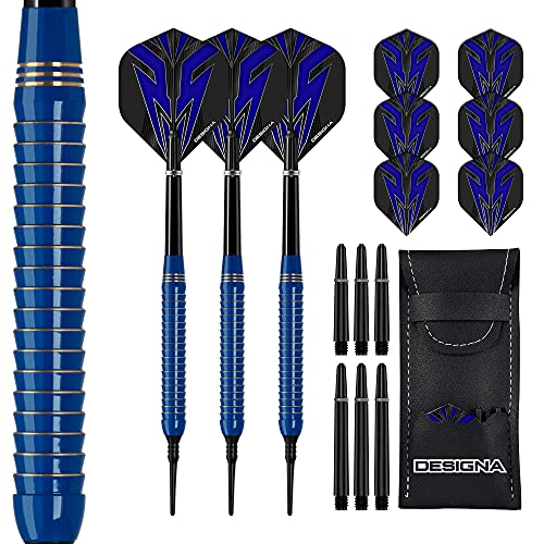 DESIGNA DARTS Mako | 22g Soft Tip Electro Brass Dart Set mit geradem Barrel inkl. 6 Standard Flights, 6 Schäften, Checkout Card und Aufbewahrungskoffer, M1, blau von DESIGNA DARTS