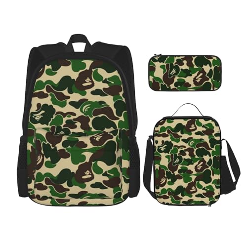 DEXNEL Aniaml Camouflage Grüner Rucksack mit Brotdose 3er Set Schulrucksäcke Passende Combo für Universum Anwendung, Schwarz , Einheitsgröße, Schulranzen-Set von DEXNEL