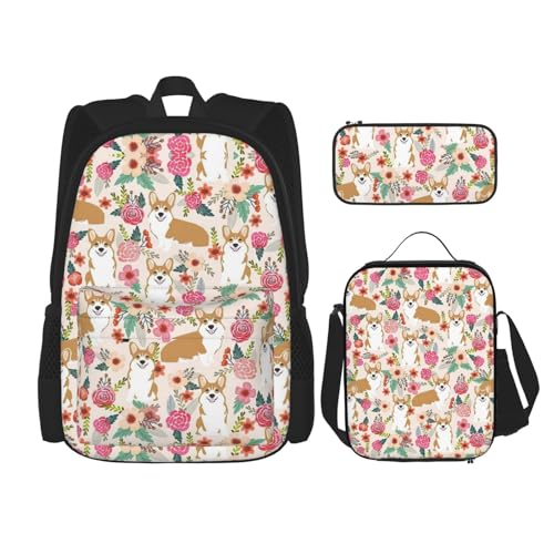 DEXNEL Corgi Floral Flowers Spring Garden Rucksack mit Lunchbox, 3er Set, Schulrucksäcke, passende Kombination für Universum Anwendung, Schwarz , Einheitsgröße, Schulranzen-Set von DEXNEL