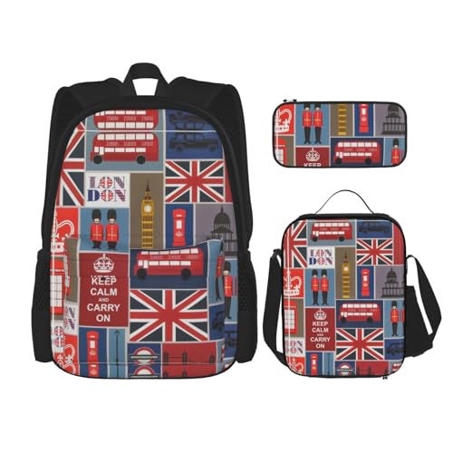 DEXNEL England Symbols Rucksack mit Brotdose, 3er Set, Schulrucksäcke, passende Kombination für Universum Anwendung, Schwarz , Einheitsgröße, Schulranzen-Set von DEXNEL