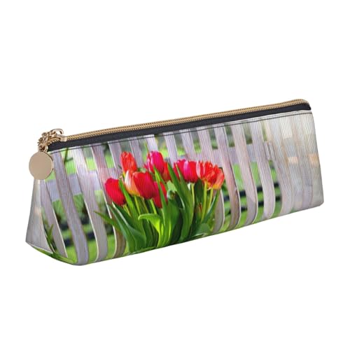 DEXNEL Federmäppchen aus Leder mit Tulpenblumen, Schreibwaren-Organizer, niedliches Federmäppchen, tragbare Make-up-Tasche, weiß, Einheitsgröße, Kosmetiktasche von DEXNEL