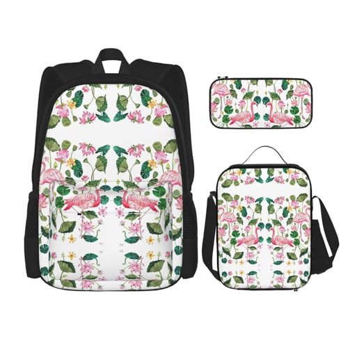 DEXNEL Flamingo Bird Round Leaves Rucksack mit Lunchbox, 3er Set, Schulrucksäcke, passende Kombination für Universum Anwendung, Schwarz , Einheitsgröße, Schulranzen-Set von DEXNEL