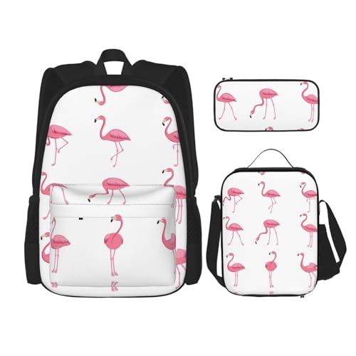 DEXNEL Flamingos On White Rucksack mit Lunchbox, 3er Set, Schulrucksäcke, passende Kombination für Universum Anwendung, Schwarz , Einheitsgröße, Schulranzen-Set von DEXNEL