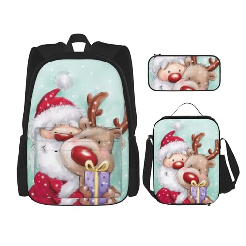 DEXNEL Merry Christmas Rucksack mit Brotdose, 3-teiliges Set, Schulrucksäcke, passende Kombination für Universum-Anwendungen, Schwarz , Einheitsgröße, Schulranzen-Set von DEXNEL