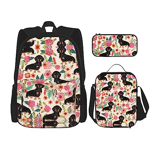 DEXNEL Rucksack mit Blumenmuster und Lunchbox, 3er-Set, Schulrucksäcke, passende Kombination für Universum-Anwendungen, Schwarz , Einheitsgröße, Schulranzen-Set von DEXNEL