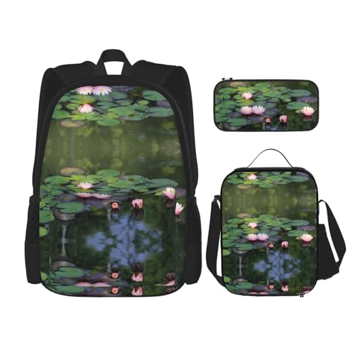 DEXNEL Schöner Lotusblumen-Rucksack mit Brotdose, 3er-Set, Schulrucksäcke, passende Kombination für Universum-Anwendungen, Schwarz , Einheitsgröße, Schulranzen-Set von DEXNEL