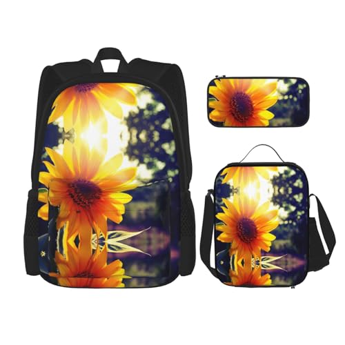 DEXNEL Sonnenblumen-Rucksack mit Brotdose, 3er-Set, Schulrucksäcke, passende Kombination für Universum-Anwendungen, Schwarz , Einheitsgröße, Schulranzen-Set von DEXNEL