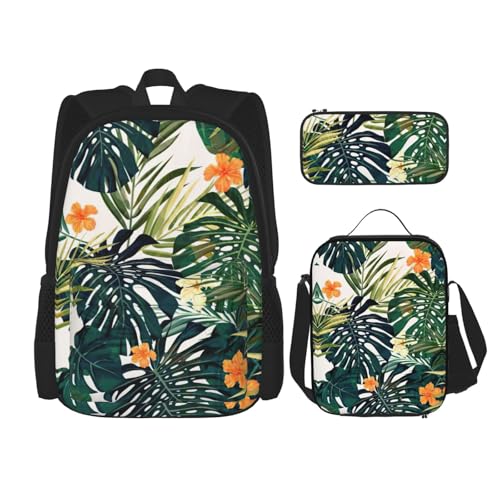 DEXNEL Tropischer Sommer Hawaiianische Blumen Palmenblätter Rucksack mit Lunchbox Set von 3 Schulrucksäcken, passende Kombination für Universum Anwendung, Schwarz , Einheitsgröße, Schulranzen-Set von DEXNEL