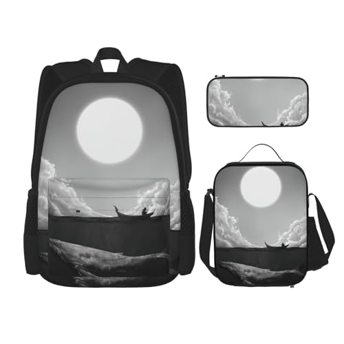 DEXNEL Wal-Vollmond-Rucksack mit Lunchbox, 3-teiliges Set, Schulrucksäcke, passende Kombination für Universum-Anwendungen, Schwarz , Einheitsgröße, Schulranzen-Set von DEXNEL