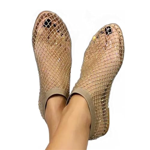 DEYROS Ultrabequeme, glänzende Gem-Mesh-Flats, glänzende Gem-Mesh-Flats, Bequeme Slip-On-Sandalen mit niedrigem Absatz (Khaki,41 EU) von DEYROS