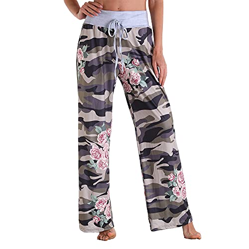 Schlafanzughose Damen,Weiche Bequeme Pyjamahose Für Damen Lässige Lockere Rosa Rose Blume Camouflage-Print Stretch Kordelzug Schlafhose Weites Bein Loungehose Yogahose Home Loungewear,XL von DFAU