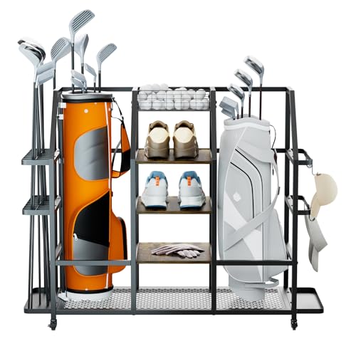 DFENG Golftaschen Golfschläger Organizer, extra großer Golftaschen-Halter Ständer mit Rollen Golftaschenregal für 2 Golftaschen und Golf-Zubehör, Garagen Golf Aufbewahrungsregal mit Golf Korb, Haken DFENG Golftaschen Golfschläger Organizer, extra großer Golftaschen-Halter Ständer mit Rollen Golftaschenregal für 2 Golftaschen und Golf-Zubehör, Garagen Golf Aufbewahrungsregal mit Golf Korb, Haken von DFENG