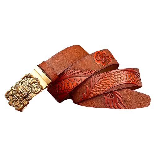 Gürtel Herren echtem Voll-Leder Jeansgürtel Ledergürtel mit automatischem Drache Schnalle kürzbar & nickelfrei Herrengürtel Belts,Braun,130cm(44"~46") von DFGGE