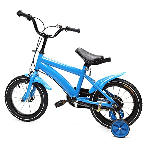 DGJMuu 14 Zoll Kinderfahrrad Fahrrad mit Stützrädern, Kohlenstoffstahl-Legierung Kinder Lauflernrad Höhe Einstellen für ab 3-6 Jahre Ausbildungsfahrzeuge Jungen Mädchen Kinder (Blau) von DGJMuu