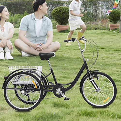 DGKLNDSY Dreirad für Erwachsene, 6-Gang-Schaltung, 24 Zoll, 3-Rad-Dreirad mit Einkaufskorb älteres Dreirad Adult Tricycle (Schwarz) von DGKLNDSY