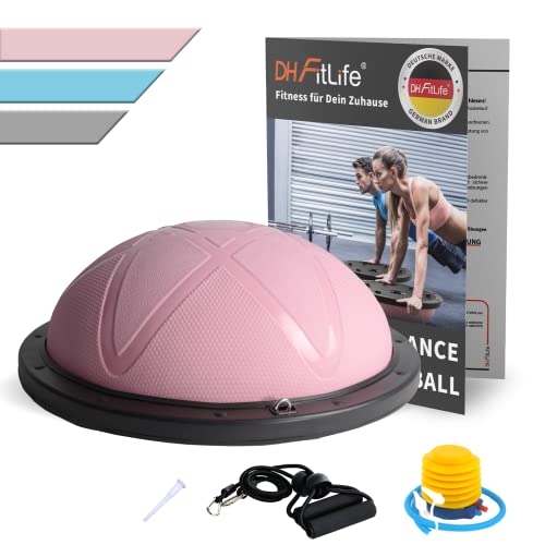 DH FitLife Balance Ball, Yoga Gleichgewichtstrainer Φ60*22cm bis 200 KG belastbar, halber Gymnastikball Fitness Balance Board, Balance-Board mit Pumpe und 2 Fitnessbändern, Rosa von DH FitLife