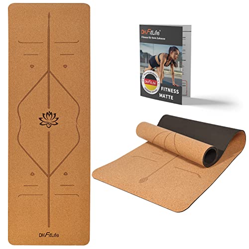 DH FitLife Yogamatte aus Kork & TPE, Gymnastikmatte 183 x 61 x 0,6 cm, Yoga mat Sportmatte Fitnessmatte rutschfest, Yoga Matte dicker mit Orientierungslinien (kleiner Lotos) von DH FitLife