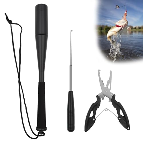 3 Sets Fishing Fischtöter 24.5cm Aluminium Fisch Totschläger Fischbetäuber Mit Angelzange Fishing Hakenlöser Fisch Betäuber Angelzubehör Für Anfänger Outdoor Karpfen Forellenangeln (Schwarz) von DHINCHANSAIB