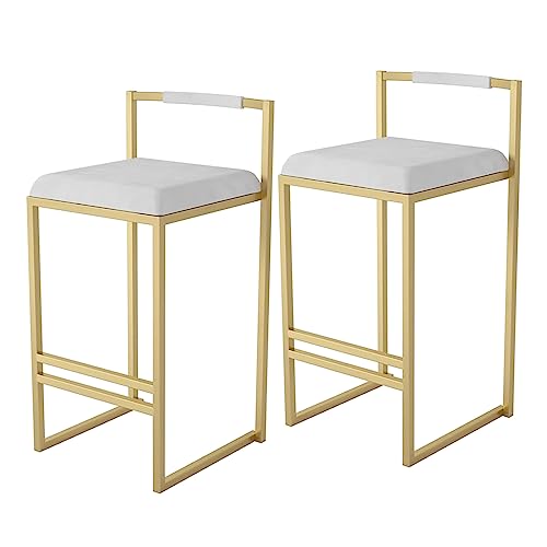 DHOPWWR Barhocker, 2er-Set, Moderne, mit Samt gepolsterte Barhocker in Barhöhe, Bequeme Inselstühle mit Metallrahmen/-lehne für Küche/Zuhause, Pub/Esszimmer, Sitzhöhe 65 cm, weiß Sharing von DHOPWWR