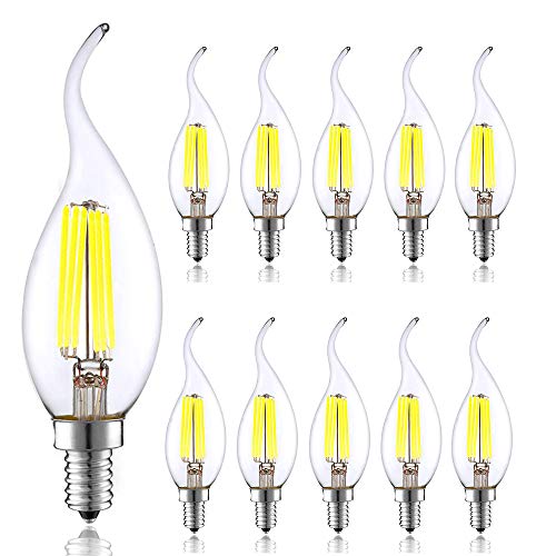 DHSKFUA E14 Flammenförmige LED-Kerzenlampe mit Filament, 6 W, 560 lm, entspricht 60 W Glühlampe, kleine Glühbirne mit Edison-Schraube, Kaltweiß 6000–6500 K, 10 Stück Progress von DHSKFUA