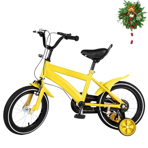 DIFU Kinderfahrrad 14 Zoll Jungen Mädchen 3 Rad Fahrrad ab 3-6 Jahre, mit Abnehmbare Stützräder (Gelb) von DIFU