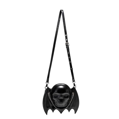 Frauen Mädchen Punk Schädel Fledermaus Flügel Schwarz Umhängetasche Halloween Geldbörse Mit Kette Kreative Verstellbare Riemen Schulter Tasche von DINSOAVR