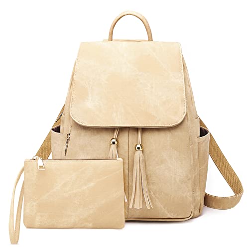 DIRRONA Rucksack Damen Lässig Mehrere Taschen Schultertaschen Large Rucksack PU Leder wasserdichte Diebstahlschutz Bag Ausflüge Schule Arbeit Damen Quaste Rucksack Mit Kleine Kupplung Khaki von DIRRONA