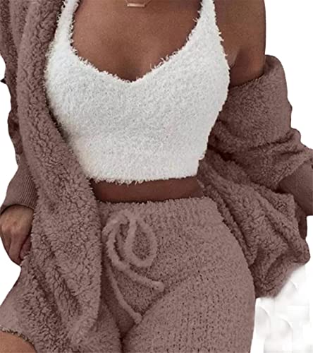 DIVAND Damen Casual 3-Teiliges Set Fluffy Plüsch Pyjama Langarm Samt Kapuzenjacke Mantel + Shorts + Crop Top Mode Winter Warm Halten Trainingsanzug,A,L von DIVAND