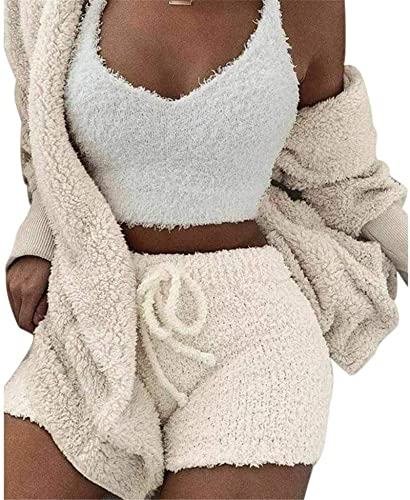 DIVAND Damen Casual 3-Teiliges Set Fluffy Plüsch Pyjama Langarm Samt Kapuzenjacke Mantel + Shorts + Crop Top Mode Winter Warm Halten Trainingsanzug,B,3XL von DIVAND