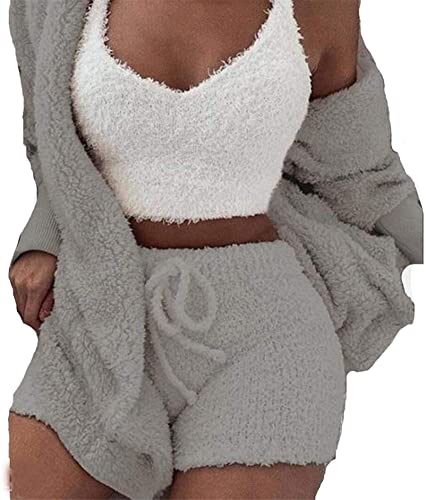 DIVAND Damen Casual 3-Teiliges Set Fluffy Plüsch Pyjama Langarm Samt Kapuzenjacke Mantel + Shorts + Crop Top Mode Winter Warm Halten Trainingsanzug,C,3XL von DIVAND