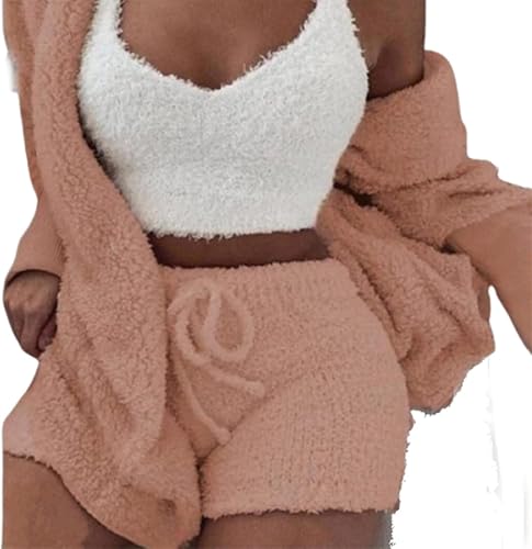 DIVAND Damen Casual 3-Teiliges Set Fluffy Plüsch Pyjama Langarm Samt Kapuzenjacke Mantel + Shorts + Crop Top Mode Winter Warm Halten Trainingsanzug,D,L von DIVAND