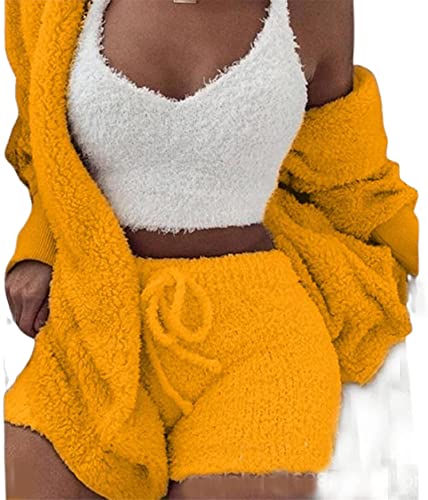 DIVAND Damen Casual 3-Teiliges Set Fluffy Plüsch Pyjama Langarm Samt Kapuzenjacke Mantel + Shorts + Crop Top Mode Winter Warm Halten Trainingsanzug,E,3XL von DIVAND