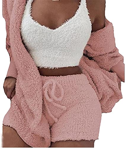 DIVAND Damen Casual 3-Teiliges Set Fluffy Plüsch Pyjama Langarm Samt Kapuzenjacke Mantel + Shorts + Crop Top Mode Winter Warm Halten Trainingsanzug,F,L von DIVAND