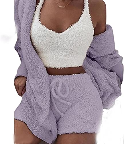 DIVAND Damen Casual 3-Teiliges Set Fluffy Plüsch Pyjama Langarm Samt Kapuzenjacke Mantel + Shorts + Crop Top Mode Winter Warm Halten Trainingsanzug,H,L von DIVAND