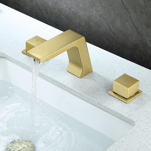 Badezimmer-Waschtischarmatur, 3-Loch-Wasserfall, 2 Griffe, Messing, 3-Loch-Badezimmerarmatur, gebürstetes Gold enterprise von DJHFHCS