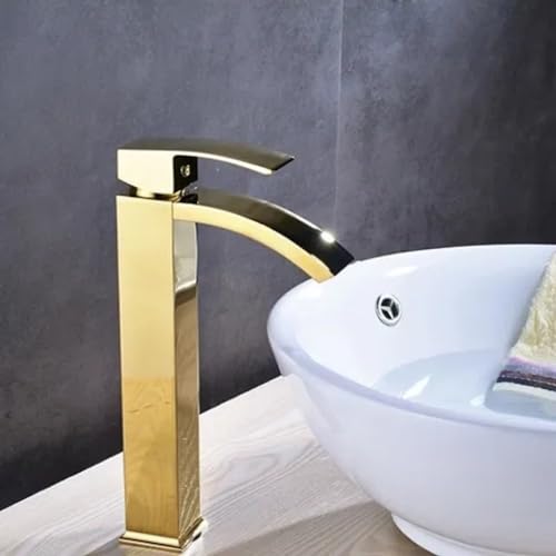 DJHFHCS Chrom/Schwarz/Nickel gebürstet/Gold Messing Badezimmer Wasserfall Waschbecken Wasserhahn Deck montiert Warm- und Kaltwasser-Mischbatterien, Golden High, China Enterprise von DJHFHCS