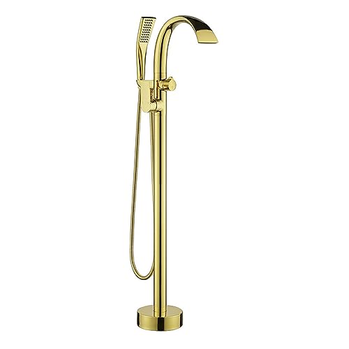 DJHFHCS Freistehende Wasserhähne für Badewanne, bodenmontierter Wasserfall, freistehende Badewannenarmaturen mit flachem Auslauf und Dusche, um 360° drehbare Badarmaturen, Gold Enterprise von DJHFHCS