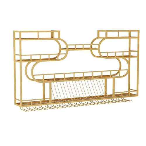 DJHFHCS Wandmontierte Eisenweinkabine mit Spirituosen -Display -Tablett und hängende Weinglasregal für Alkoholausschreibung LED -Licht und Glashaken (Gold 4 Layers_150 cm) Enterprise von DJHFHCS