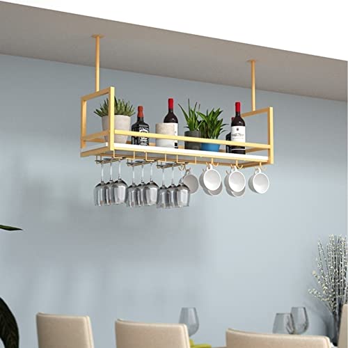 DJHFHCS Weinregal Decke Hanging Weinglashalter - Deckenregal, Deckenhängemetall -Weinregal, Multifunktional Schmiedeeisen und Massivholz Deckenlagerstange, hängende Display -Rack Enterprise von DJHFHCS