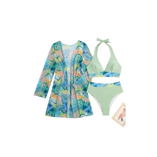 DJHVJS Badeanzug Damen Neckholder Print Bikini Mit Kimono High Waist Badeanzug Beachwear-Grün-M von DJHVJS
