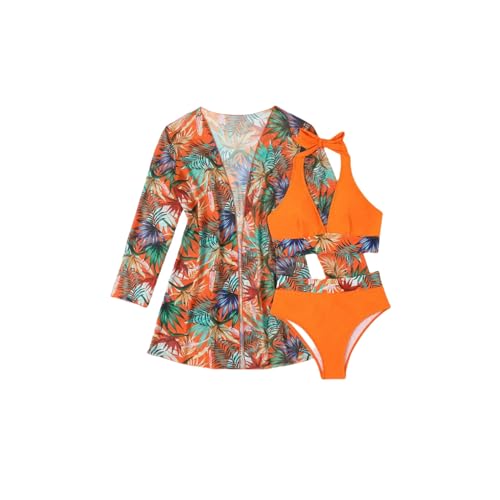 DJHVJS Badeanzug Damen Neckholder Print Bikini Mit Kimono High Waist Badeanzug Beachwear-Orange-S von DJHVJS