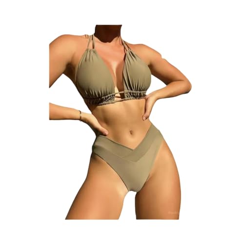 DJHVJS Badeanzug Damen Sexy Halter Bikini Frauen Mid Taille Deep V Neck Push Up Strand Tragen-F-XL von DJHVJS