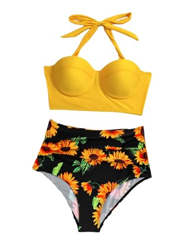 DJHVJS Badeanzug Damen Sexy Push Up Bikini Frauen Hohe Taille Weibliche Halter Print Bikini Badeanzug Strandbekleidung-Gelb-XL von DJHVJS
