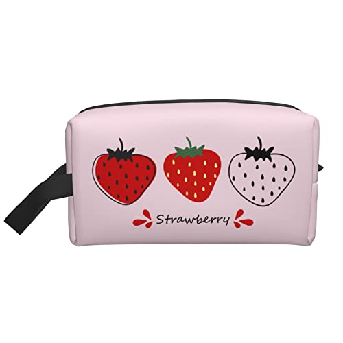 Make-up-Tasche mit drei Erdbeeren, Rosa, Reise-Toilettenartikel, Make-up-Organizer, große Kapazität, tragbare Reise-Kosmetiktaschen für Frauen und Mädchen von DJNGN