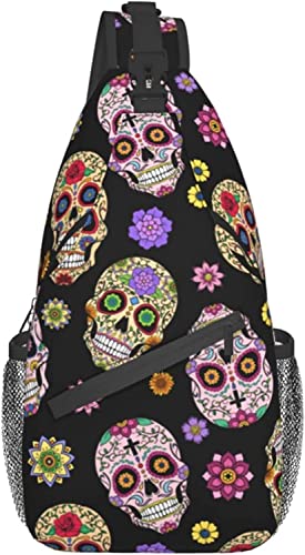 Sugar Skull Unisex-Brusttaschen, Umhängetasche, Sling-Rucksack, Reisen, Wandern, Tagesrucksack für Damen und Herren, Umhängetasche für Freizeitsport von DJNGN